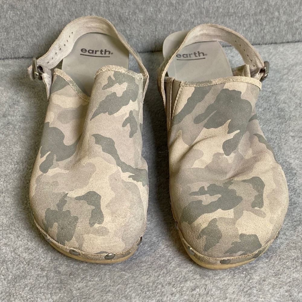 Earth Camo Leather Wood Clogs Women 11 Gray Studded‎ Slingback Comfort Shoes EUC